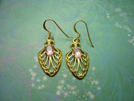 Gold Plated Vintage Sterling Silver Earrings - Pink Stone