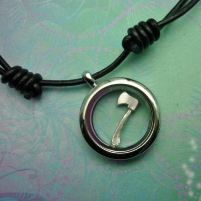 Stainless Steel Medium Locket Black Leather Cord Necklace Sterling Silver Axe Charm