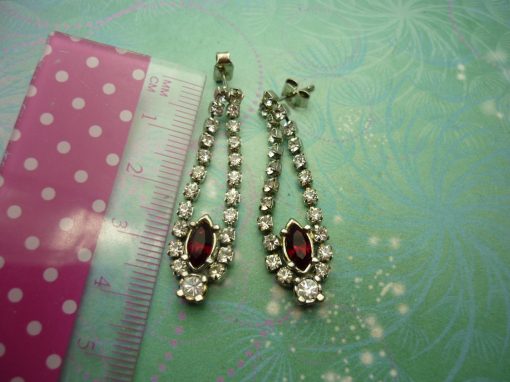 Vintage Crystal Silver Earrings - Red