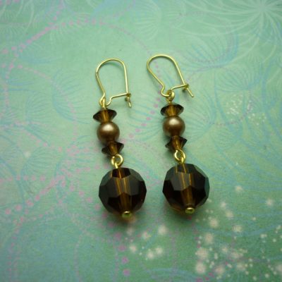 Vintage Earrings - gold plated, smoke coloured glass beads