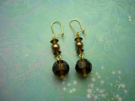 Vintage Earrings - gold plated, smoke coloured glass beads