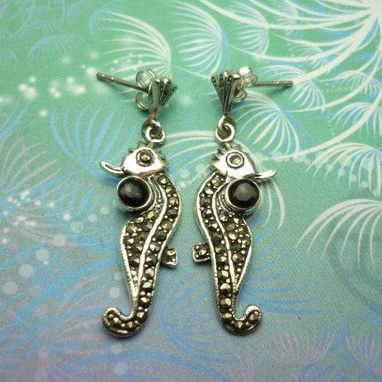 Vintage Sterling Silver Earrings - Black Onyx - Seahorses - Marcasite - Gift for Her - Unique Vintage Earrings