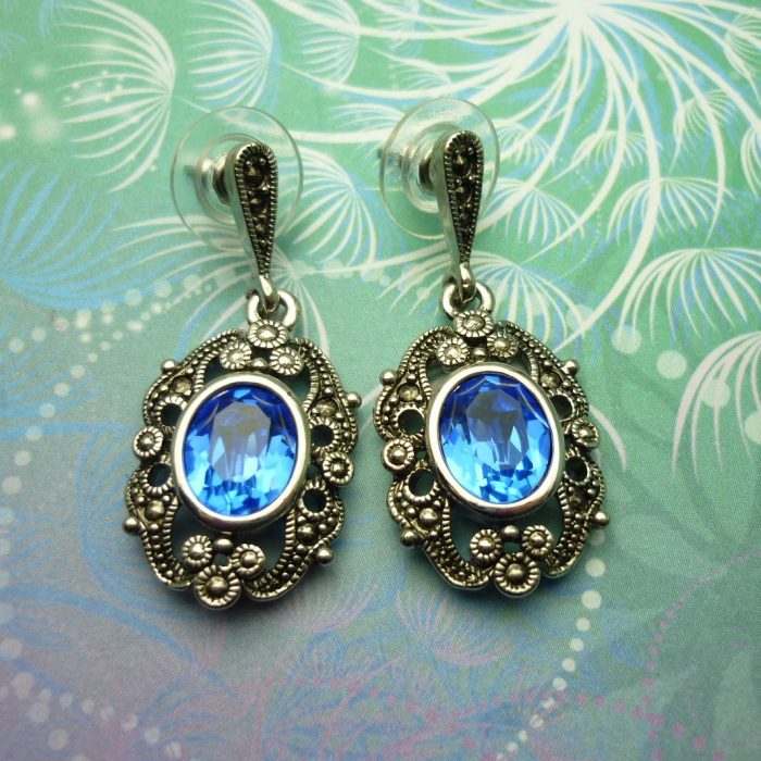 Vintage Sterling Silver Earrings - Blue Crystals
