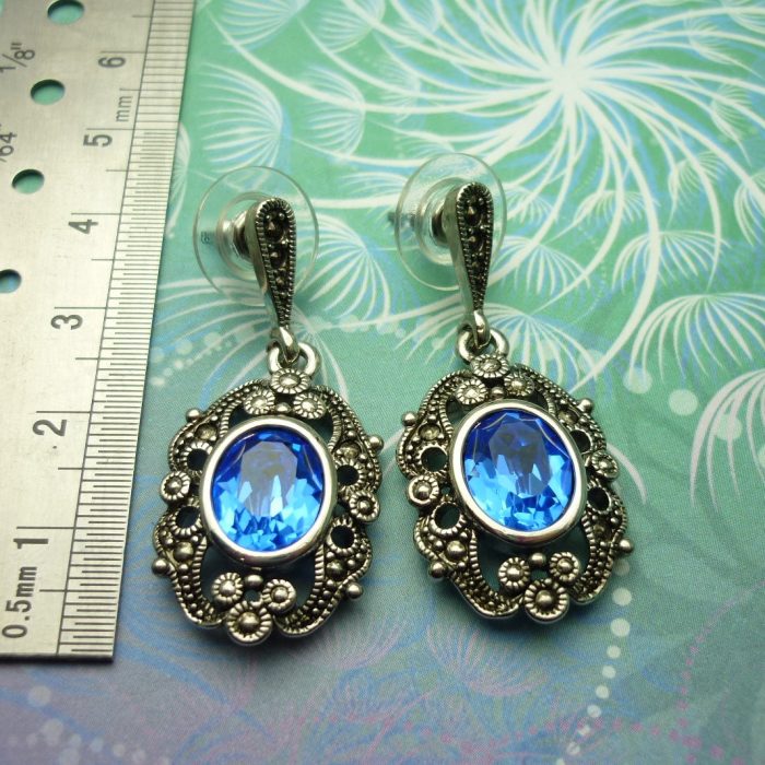 Vintage Sterling Silver Earrings - Blue Crystals