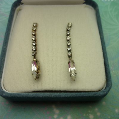 Vintage Sterling Silver Earrings - Clear Navette Drops