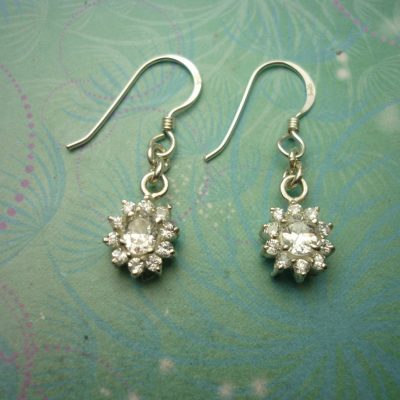Vintage Sterling Silver Earrings - Flower Drops set with Cubic Zirconias