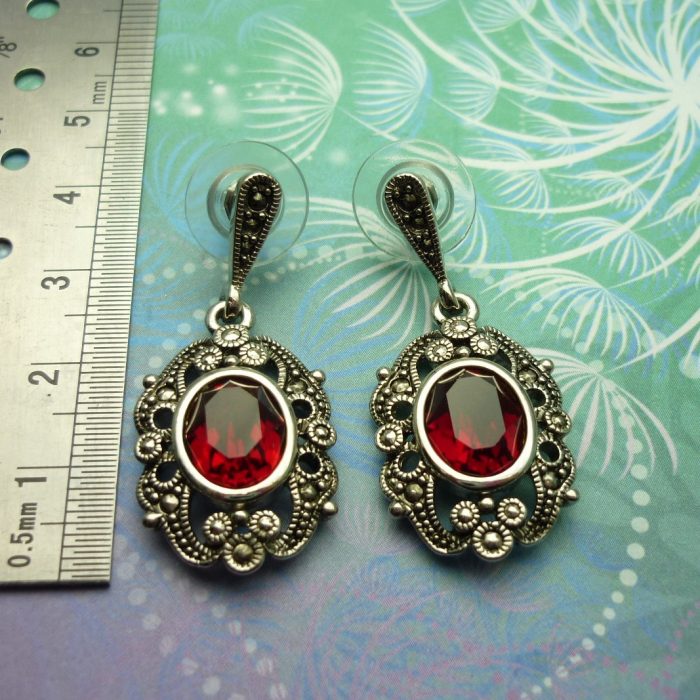 Vintage Sterling Silver Earrings - Red Crystals
