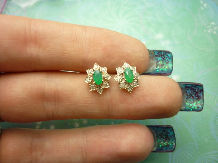 Vintage Sterling Silver Earrings with dainty Green Chalcedony gemstones and Cubic Zirconias