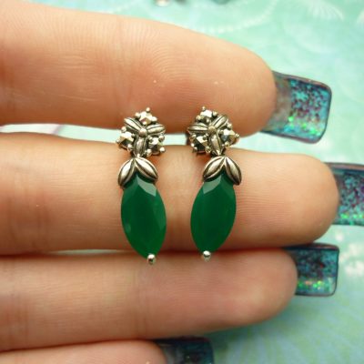Vintage Sterling Silver Earrings with Green Chalcedony Gemstones